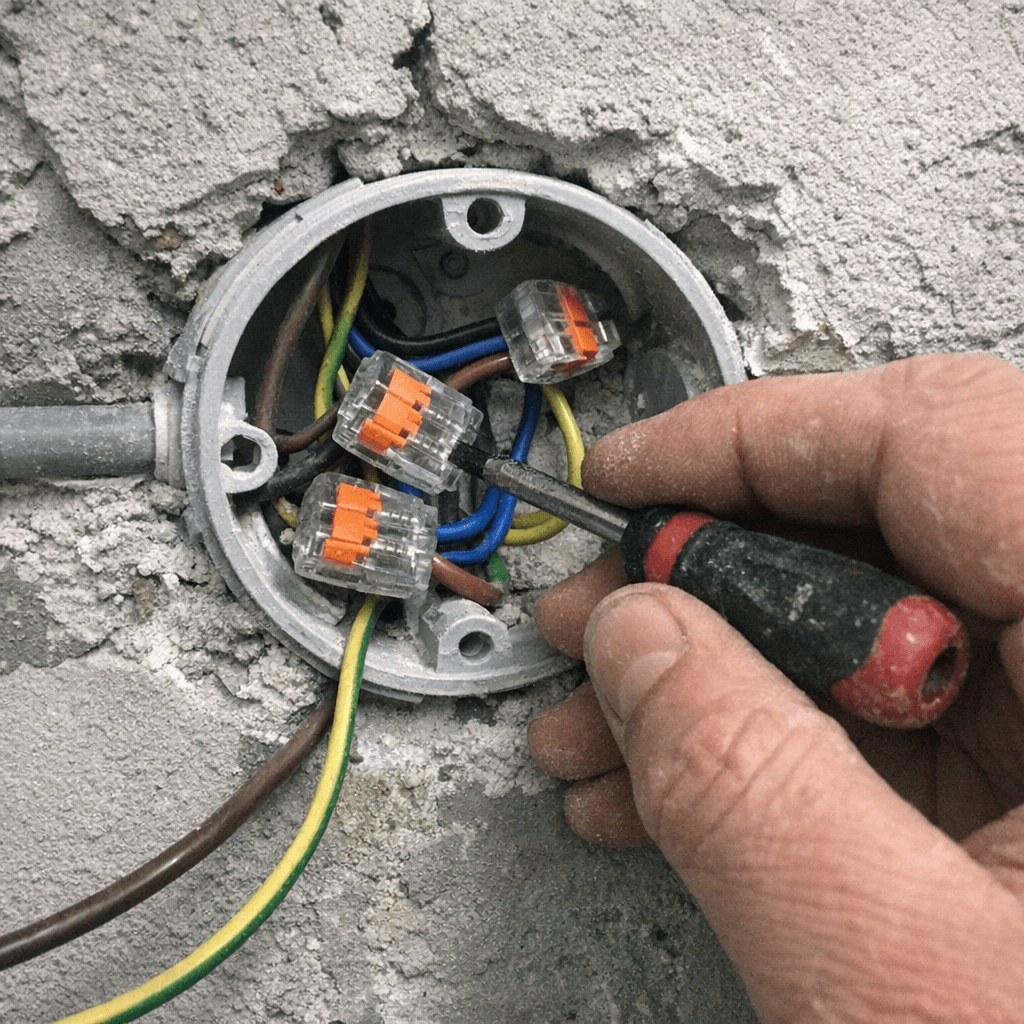Geöffnete Abzweigdose mit neu geklemmten Leitungen und Beschriftung