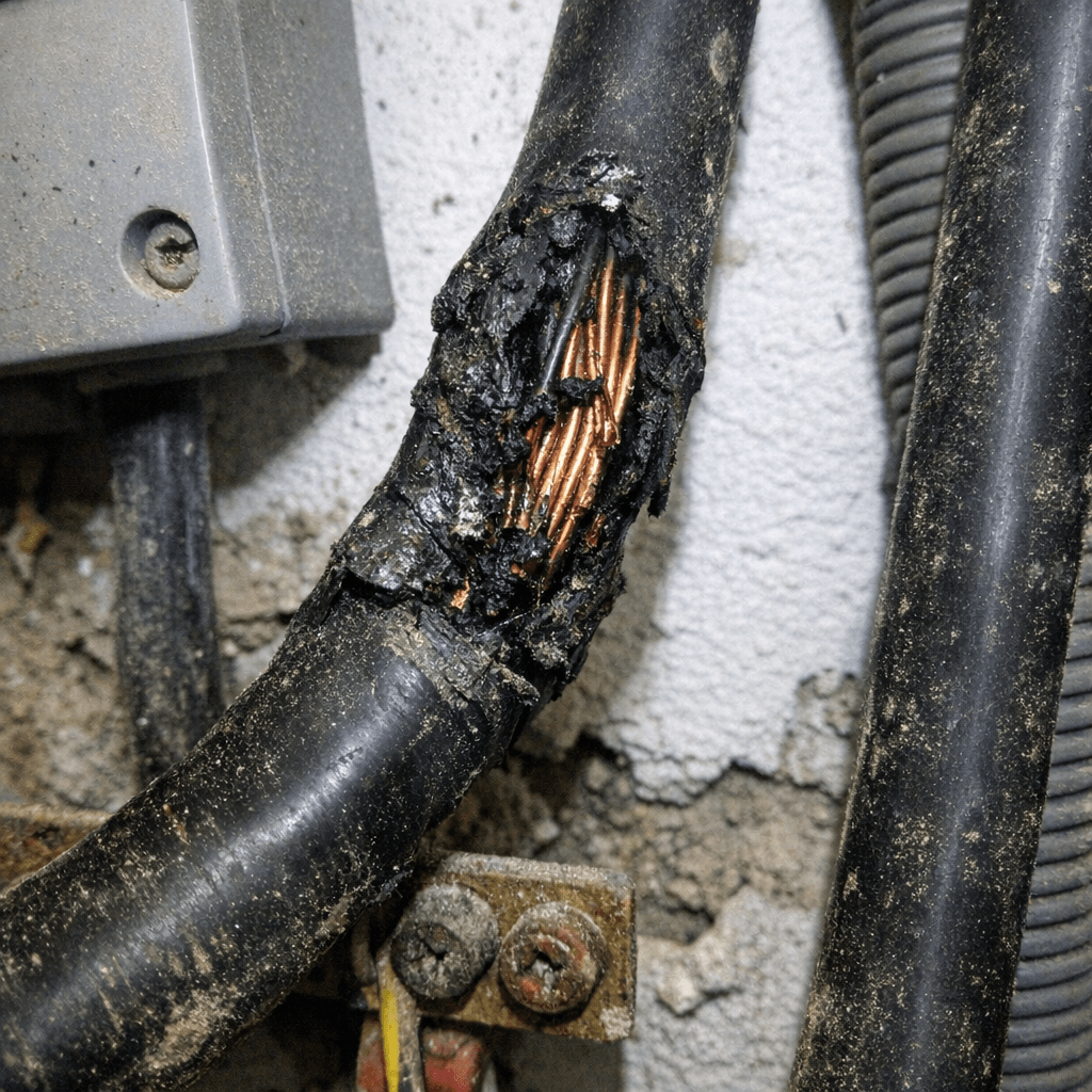 Freigelegte Zuleitung im Keller während der Suche nach einem Kurzschluss