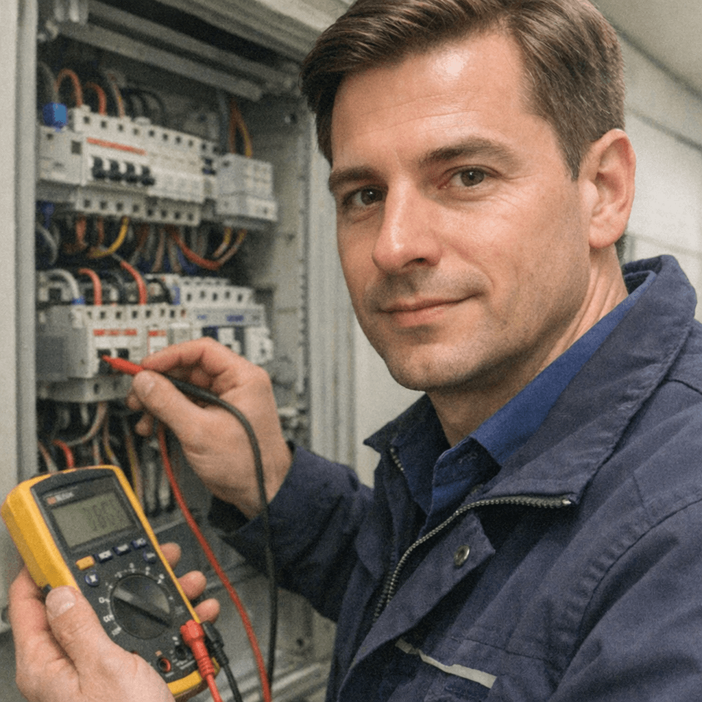 Elektriker misst in einem Bochumer Keller die Spannung an einer Unterverteilung