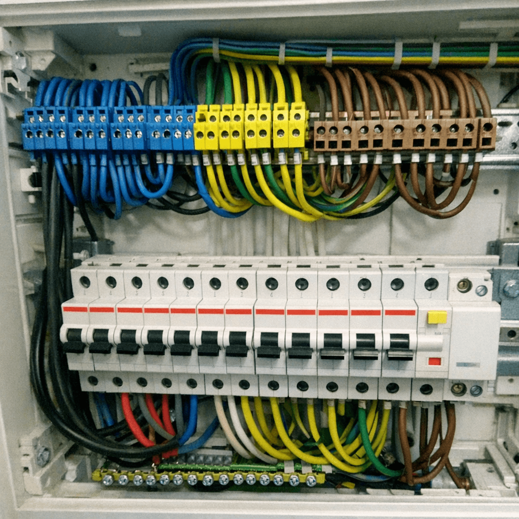 Neu aufgebauter Sicherungsschrank mit beschrifteten Automaten und sauberer Verdrahtung