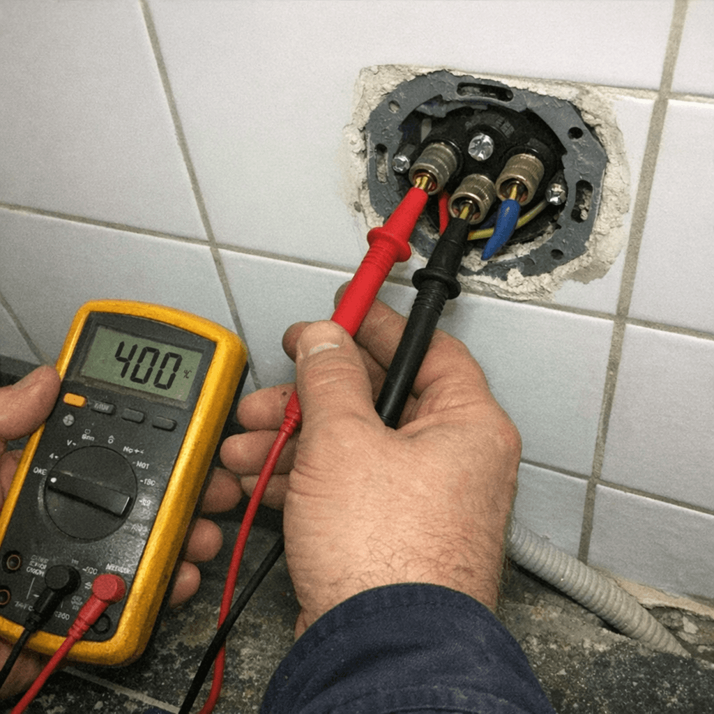 Anschlussdose für einen Elektroherd wird vor der Inbetriebnahme durchgemessen