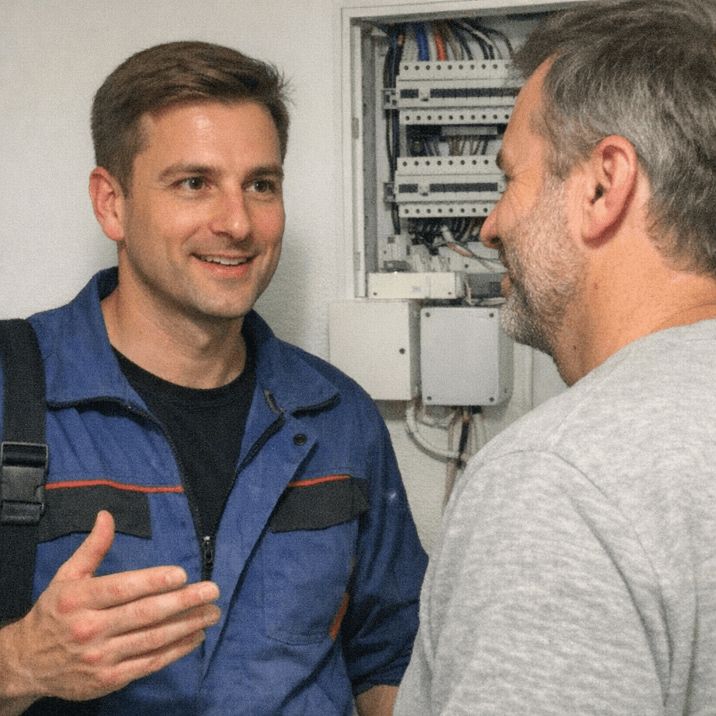 Beratungsgespräch zwischen Elektrofachkraft und Hauseigentümer in einer modernisierten Wohnung