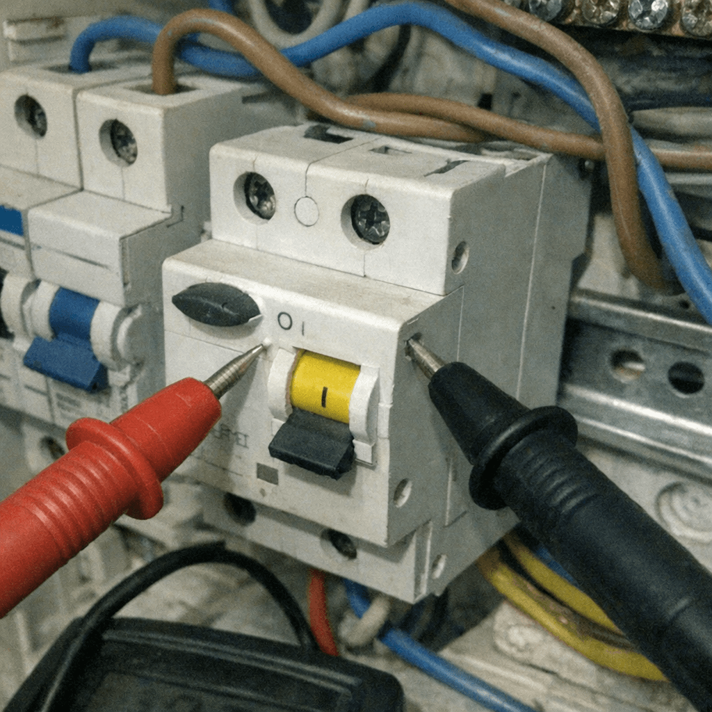 Prüfung eines Fehlerstrom-Schutzschalters mit Messgerät im Hausanschlussraum