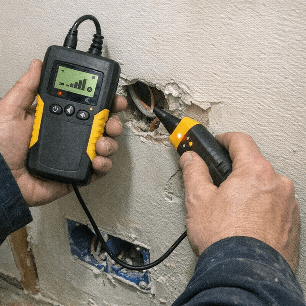 Handmessgerät an geöffnetem Abzweigkasten während der Leitungsprüfung