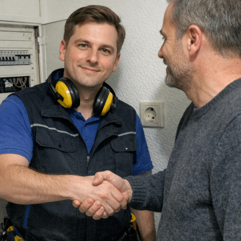 Kunde erhält nach der Reparatur die Erläuterung des Messprotokolls am Sicherungskasten