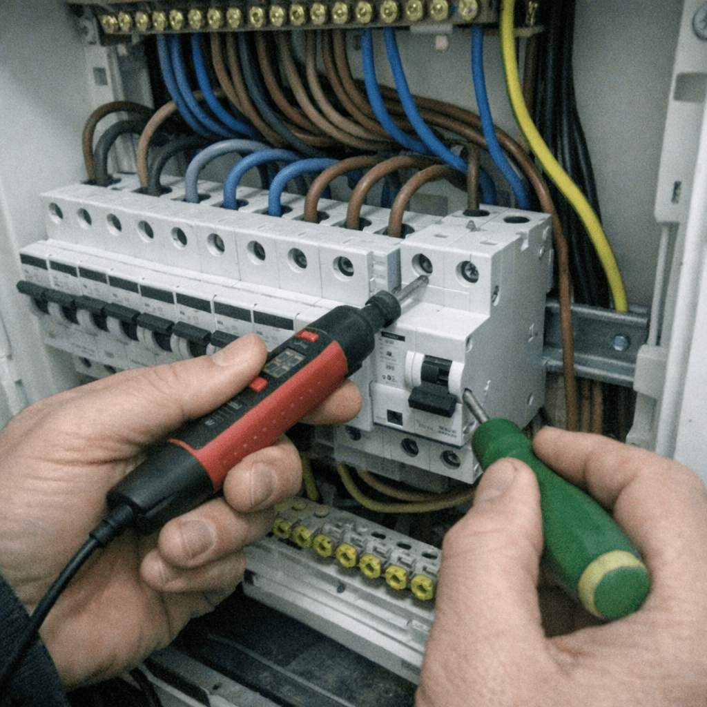 Neu eingesetzter FI-Schutzschalter wird mit Prüfgerät kontrolliert