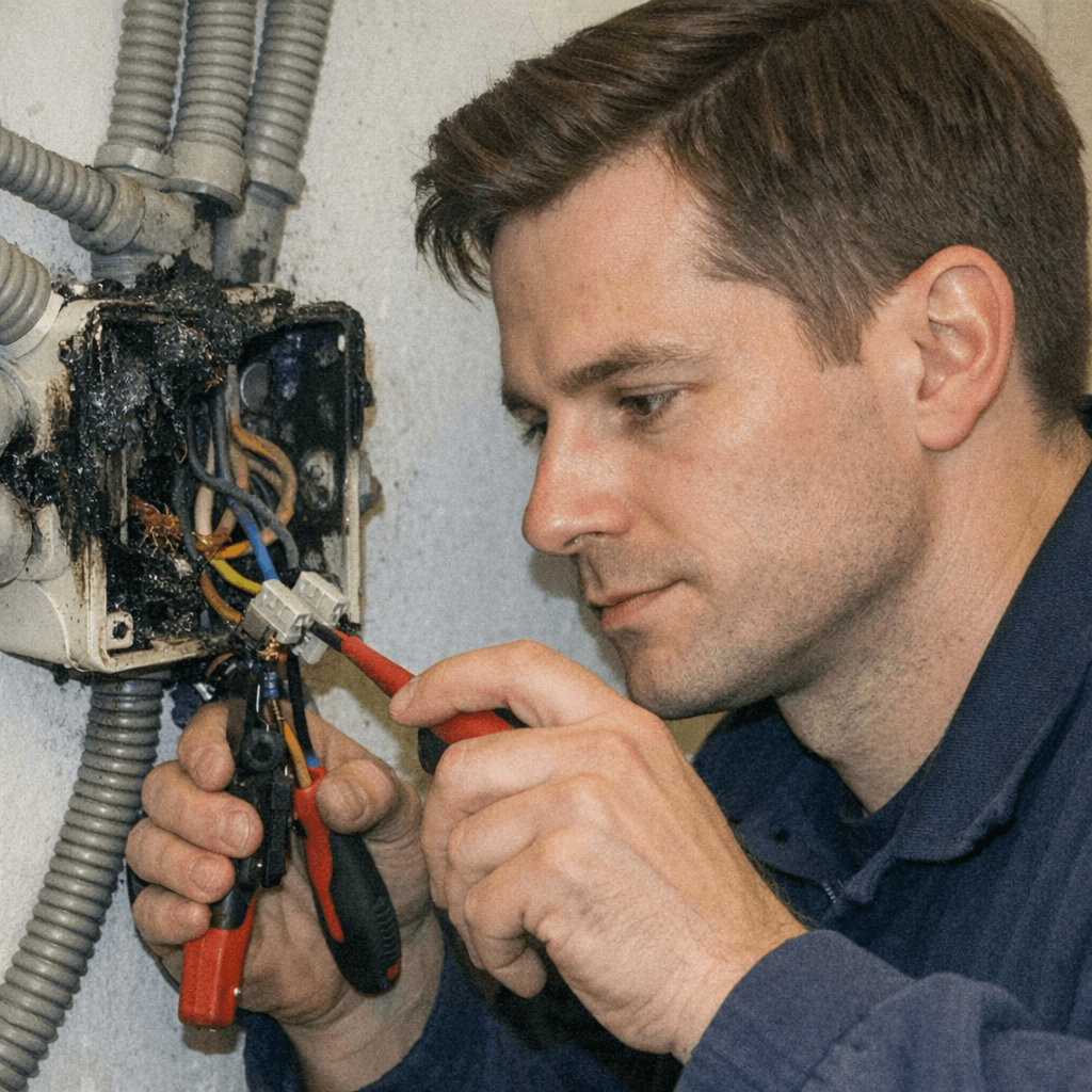 Elektriker kennzeichnet einen beschädigten Kabelabschnitt in einem Hausflur